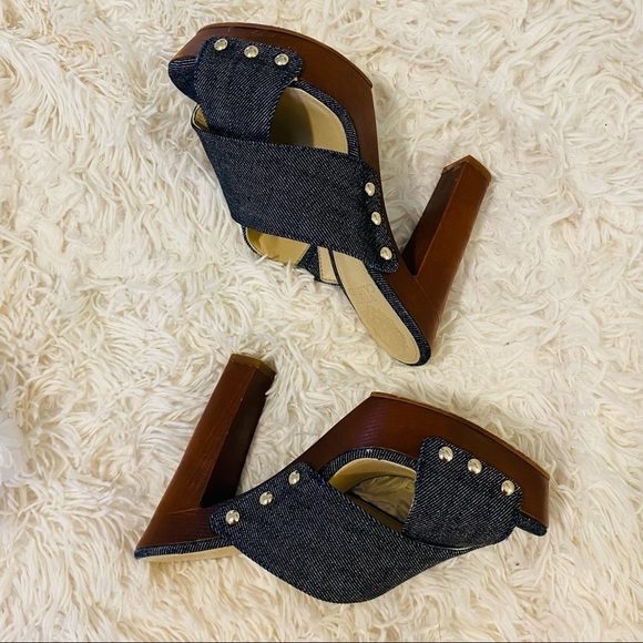 Vince Camuto Blue Denim Heels Platforms Platform Sandals Studs Wooden. - Picture 8 of 14
